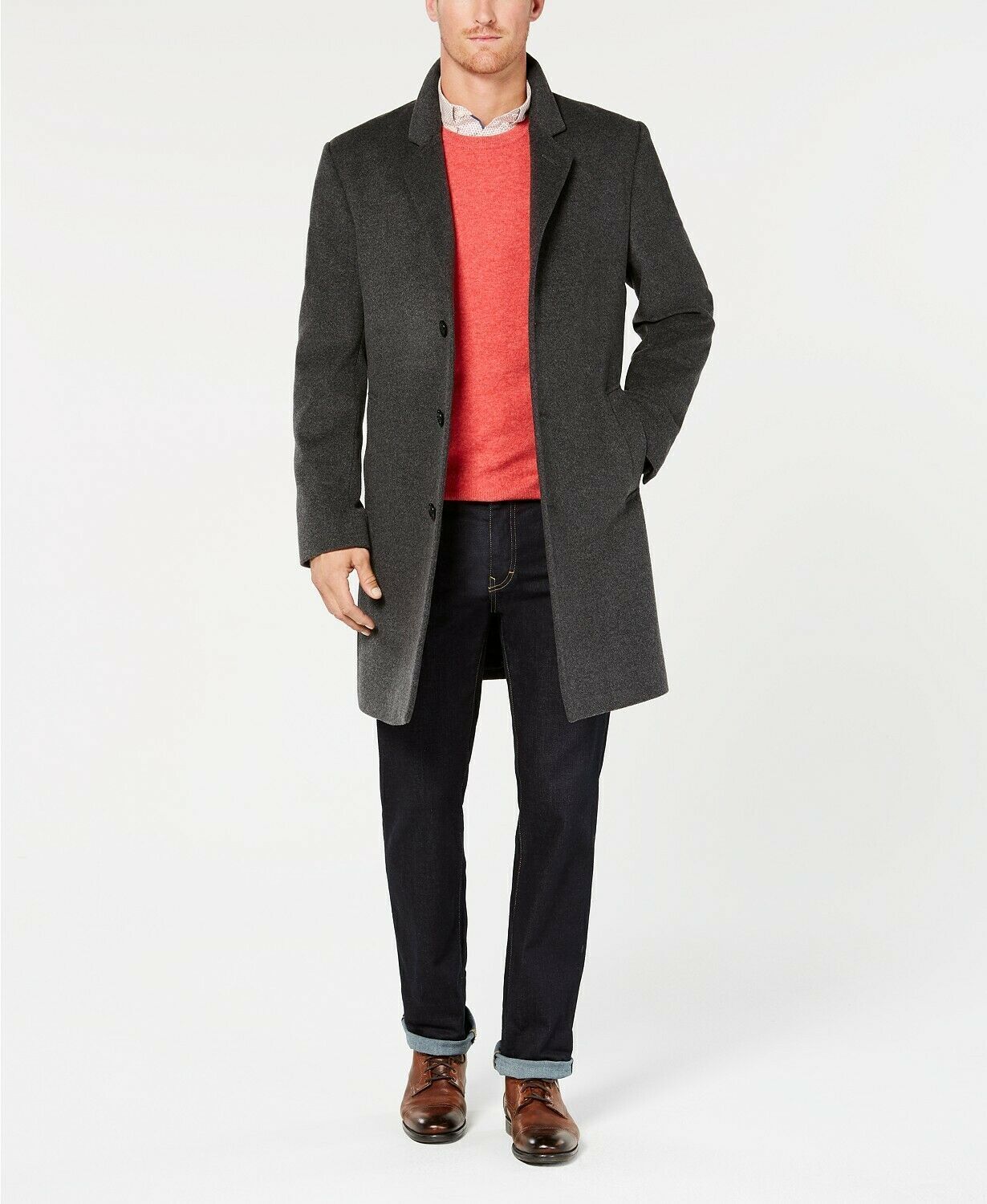 Michael Kors Madison Luxury Italian Modern-Fit Overcoat 46L Charcoal Grey