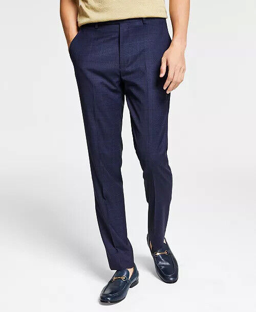 BAR III Men's Suit Dress Pants Blue Plaid 30 x 32 Skinny-Fit Plaid Flat Pant