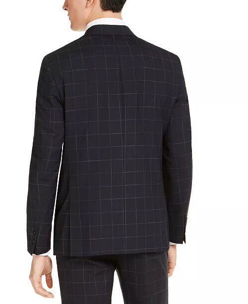 Calvin Klein Slim Fit Infinite Stretch Navy Windowpane Suit Jacket 38S Blue