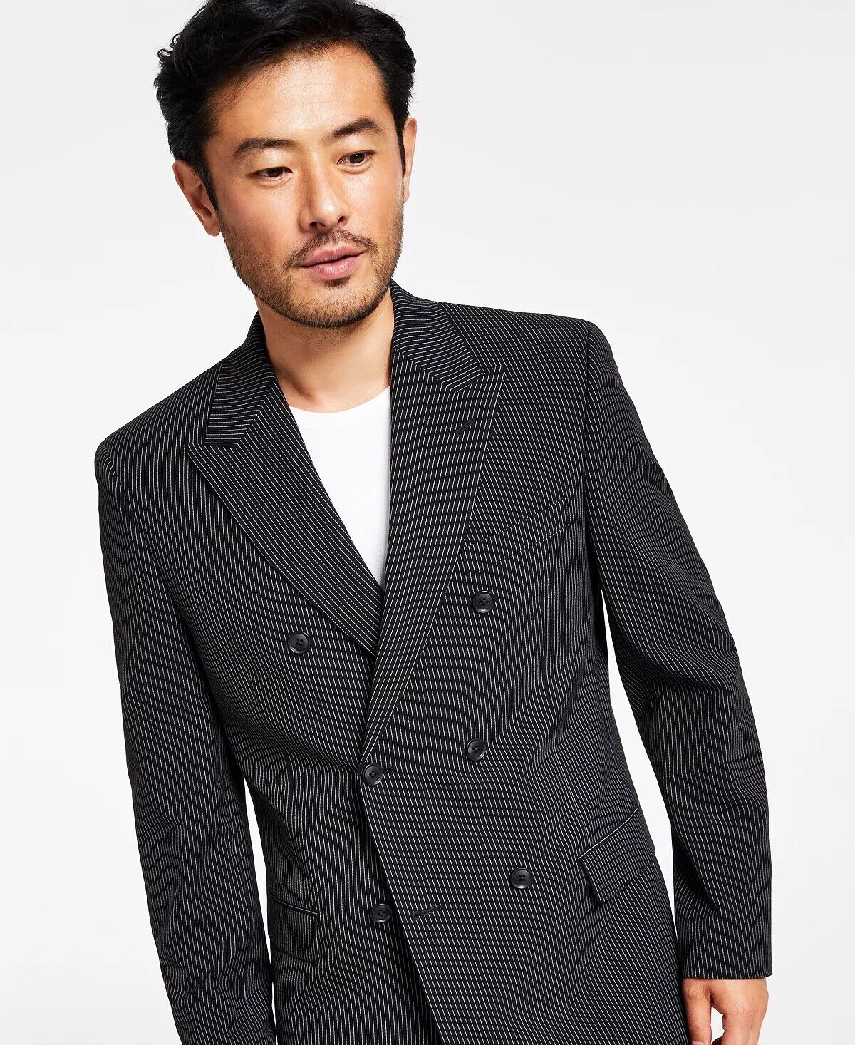 ALFANI Men's Slim-Fit Double-Breasted Pinstripe Suit Jacket 42L Black