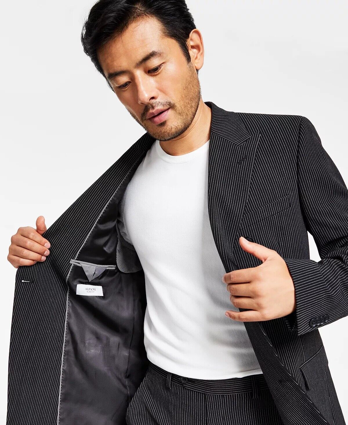 ALFANI Men's Slim-Fit Double-Breasted Pinstripe Suit Jacket 42L Black