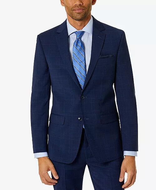 BAR III Men's Skinny-Fit Suit Jacket 46L Blue Plaid Sport Coat