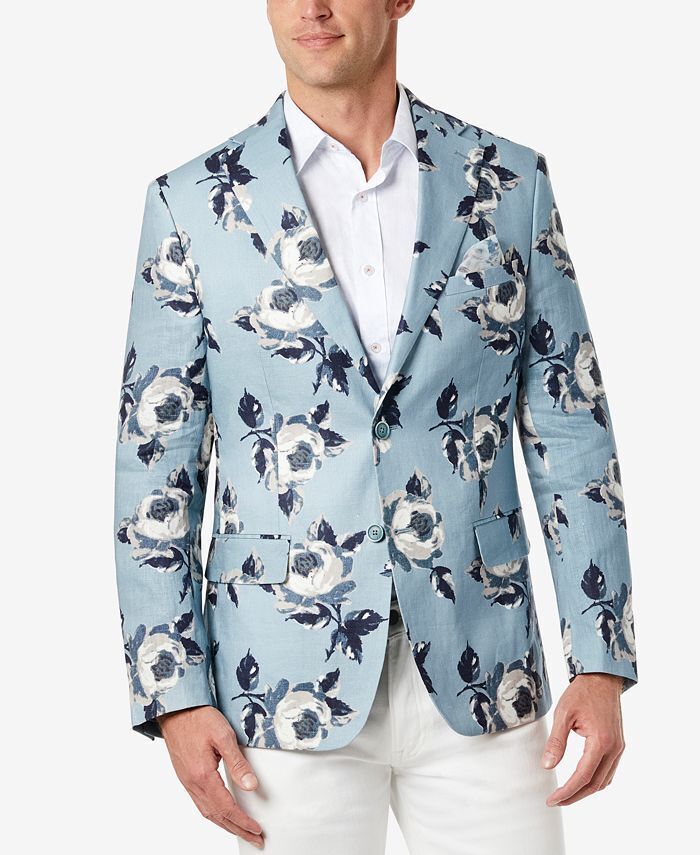 TALLIA Men's Slim-Fit Blue Floral Blazer 44L Blue Linen Sport Coat