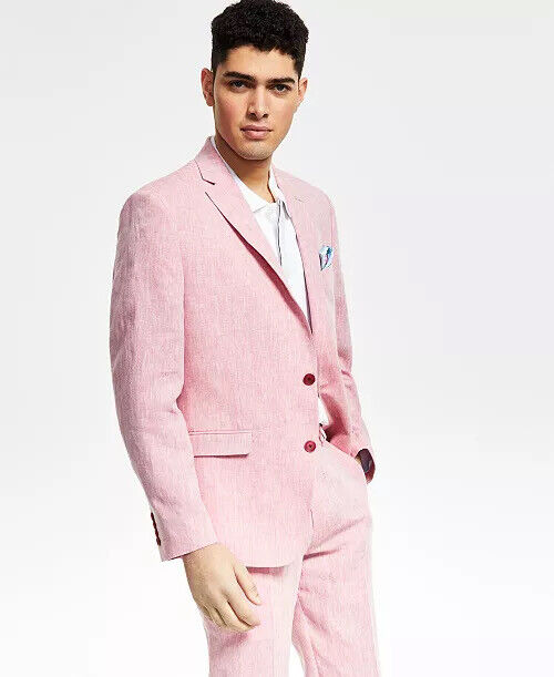 Bar III Men's Slim-Fit Lilac Linen Suit Jacket 40L Sport Coat Pink / 2 BUTTON