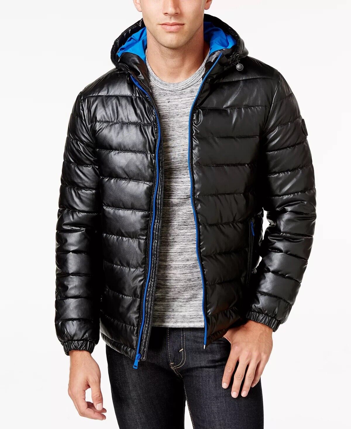 Cole Haan Men's Faux-Leather Hooded Puffer Coat Black / Blue Large