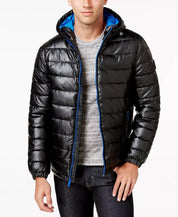 Cole Haan Men's Faux-Leather Hooded Puffer Coat Black / Blue Large