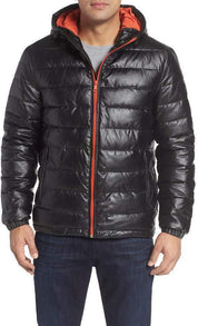Cole Haan Signature Men's Hooded Faux Leather Jacket Small Black / Orange Trim