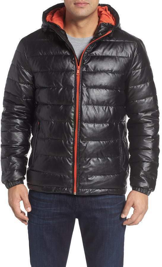 Cole Haan Signature Men's Hooded Faux Leather Jacket Small Black / Orange Trim