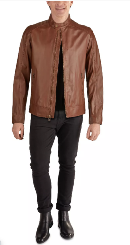 COLE HAAN Men's Jacket Cognac Brown Large Leather Motorcycle