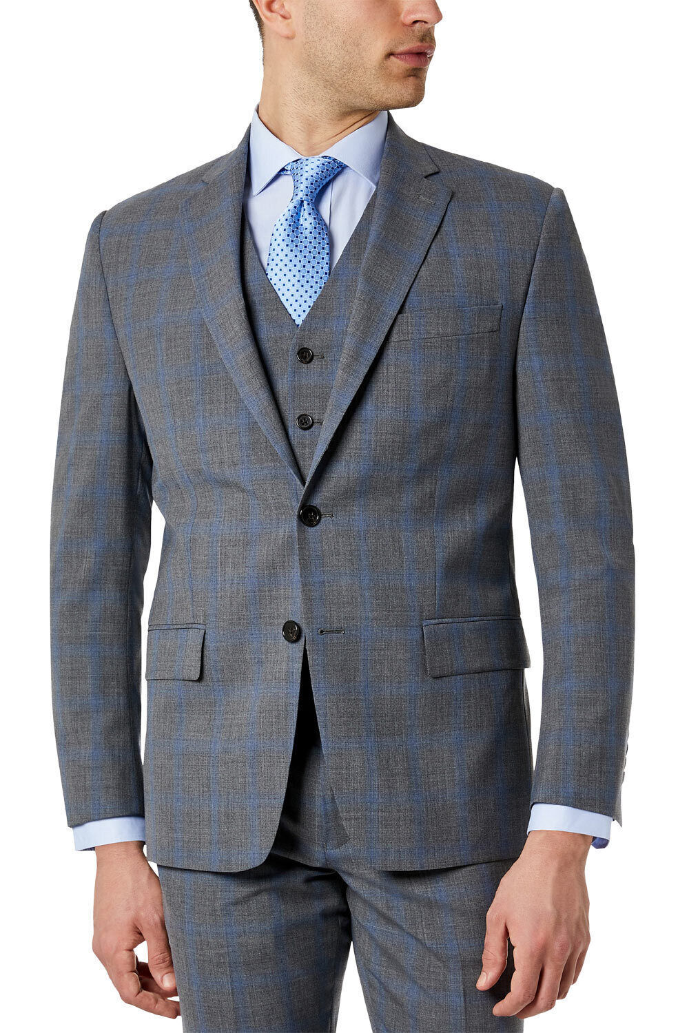 Lauren Ralph Lauren Mens Wool Stretch Suit Jacket 40S Grey Blue Plaid
