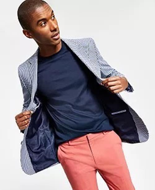 TOMMY HILFIGER Men's Modern-Fit Stretch Seersucker Check Blazer 40R Blue White