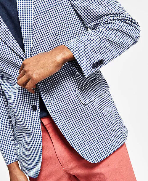 TOMMY HILFIGER Men's Modern-Fit Stretch Seersucker Check Blazer 40R Blue White