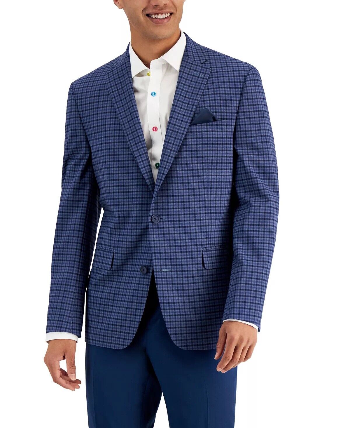 Bar III Men's Slim-Fit Patterned Suit Jacket Blue Check 44L