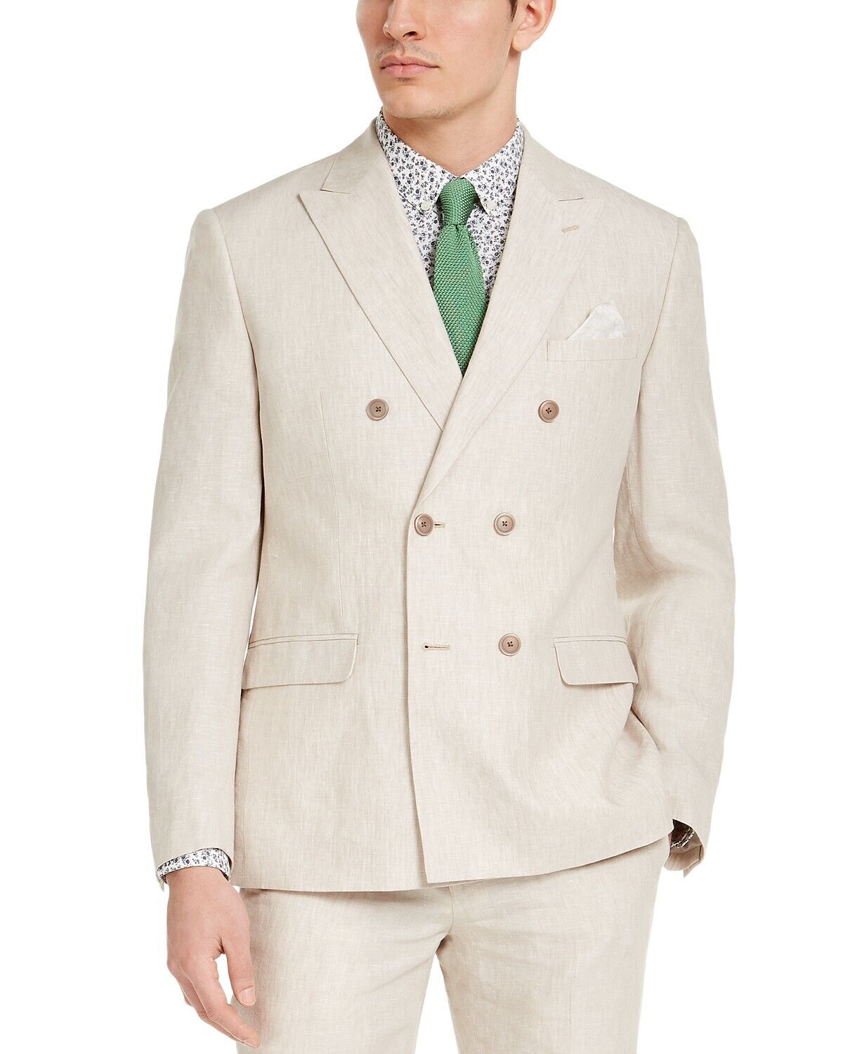 Bar III Men's Slim-Fit Tan Linen Double-Breasted Suit Jacket 38L