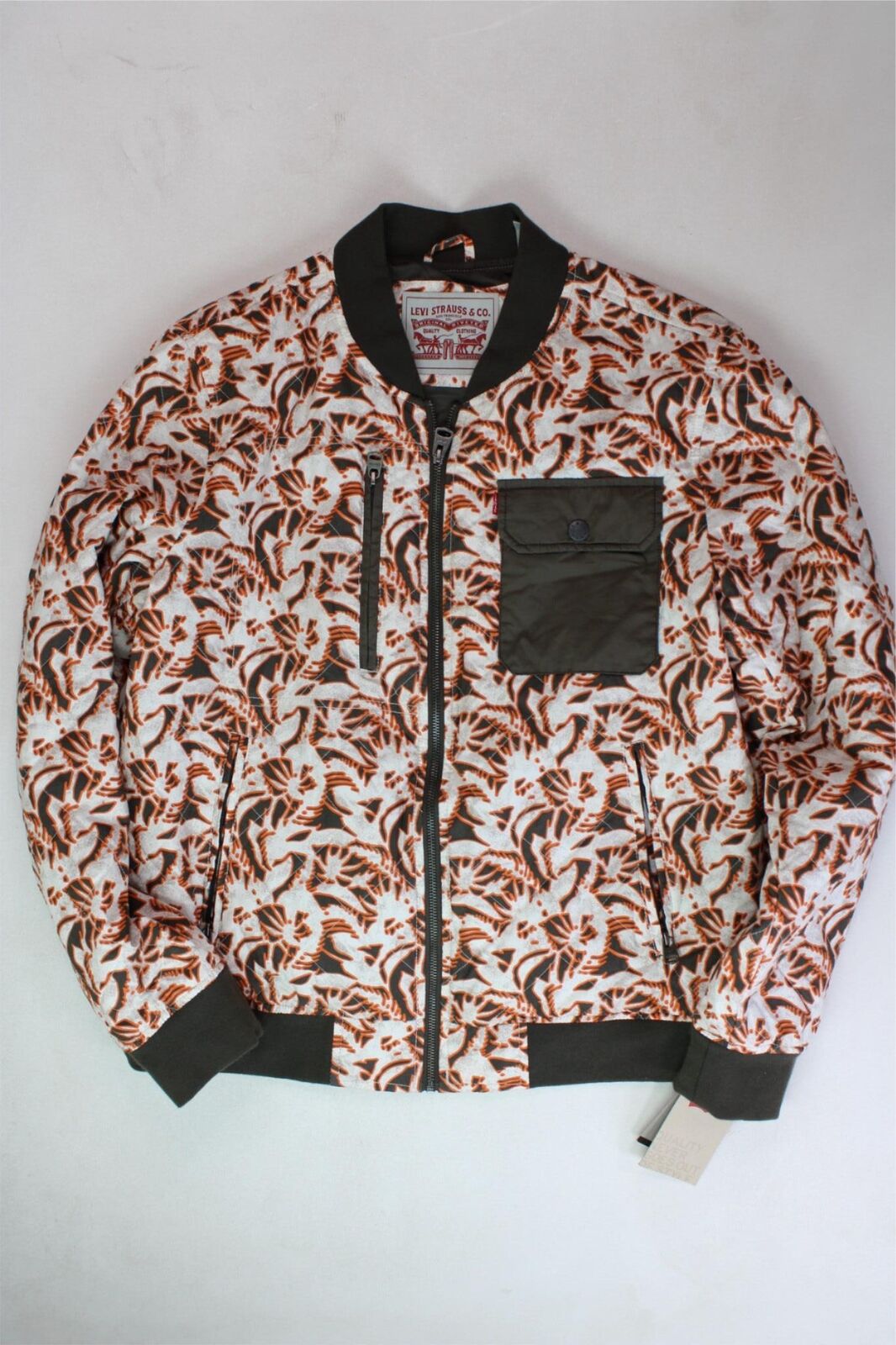 LEVI'S Men's Floral Print Diamond Quilted Bomber Jacket Small Orange White