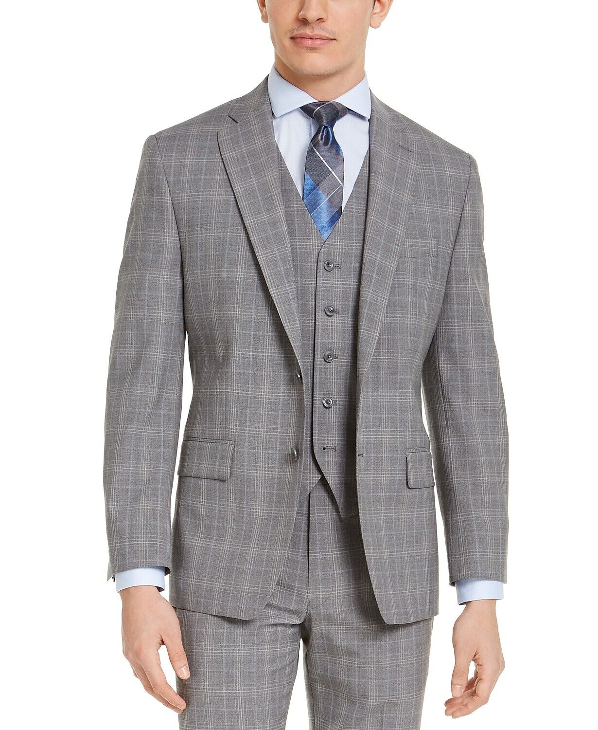 Michael Kors Men's Classic-Fit Airsoft Stretch Gray Plaid Suit Jacket 50R