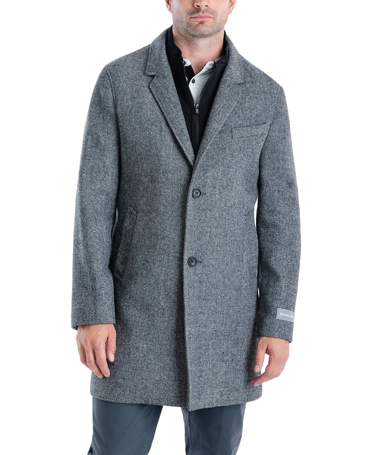 Michael Kors Men's Pike Slim Fit Top Coat 38R Herringbone Wool Black White