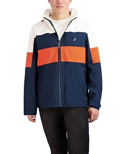 NAUTICA Men's Colorblocked Open Bottom Hooded Jacket Large Navy Blue
