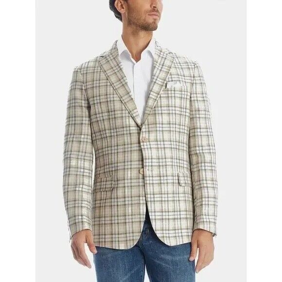 Tallia Men's Slim-Fit LINEN Plaid Blazer 42S Tan Sport Coat