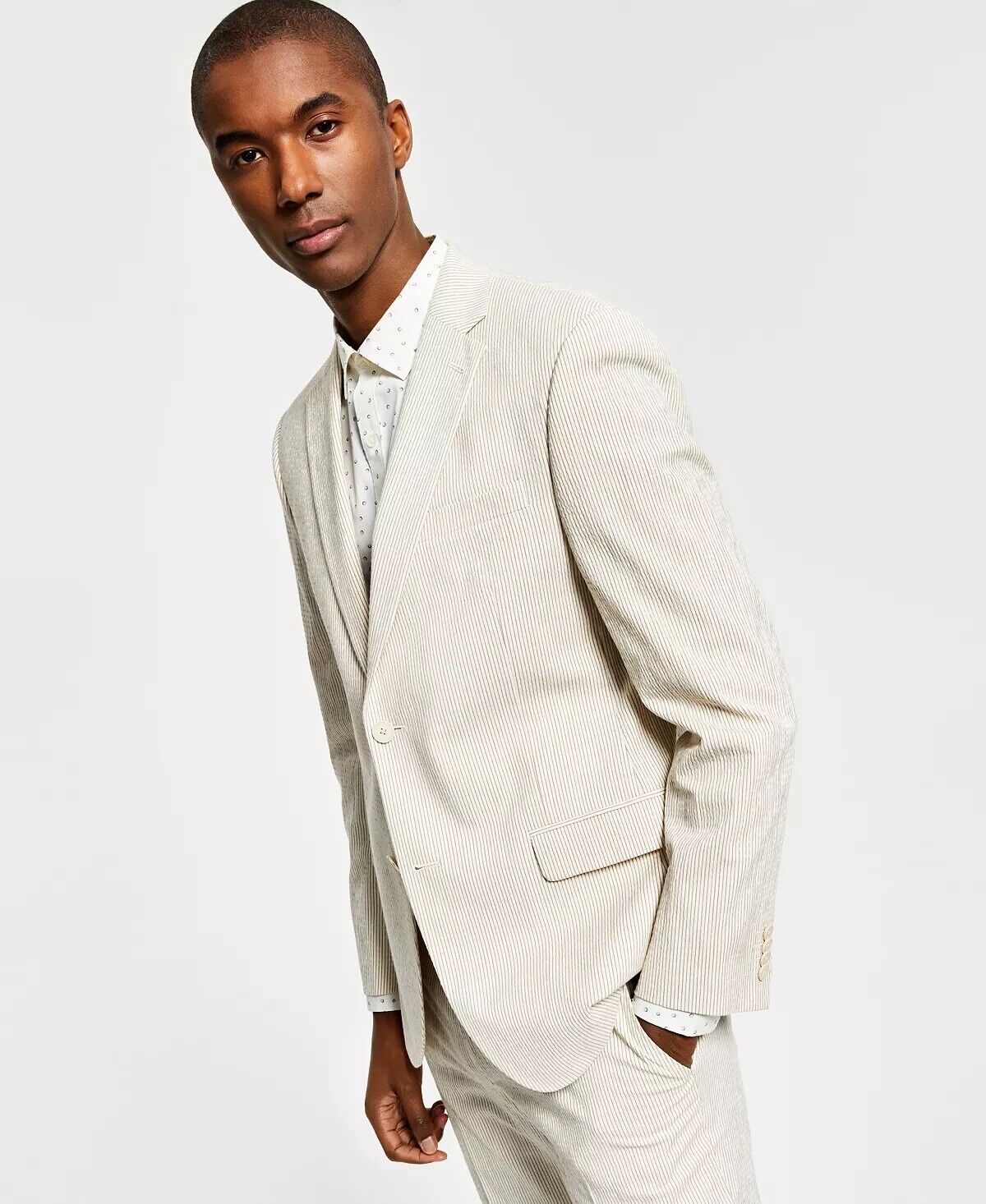 ALFANI Men's Slim-Fit Seersucker Stripe Suit Jacket Tan Cream 40S Sport Coat