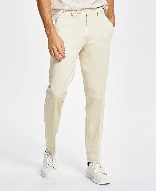 Alfani Men's Slim-Fit Solid Cream Cotton Dress Pants 40 x 32 Flat Front
