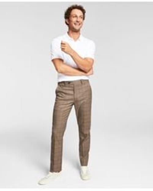 Alfani Men's Slim Fit Suit Tan Windowpane Plaid Dress Pants 33 x 30 Light Brown
