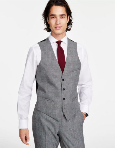 Bar Iii Men's Slim-Fit Black/White Plaid Suit Vest Large Black  White