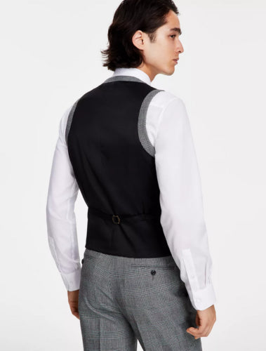 Bar Iii Men's Slim Fit Black White Plaid Suit Vest Black  White Large