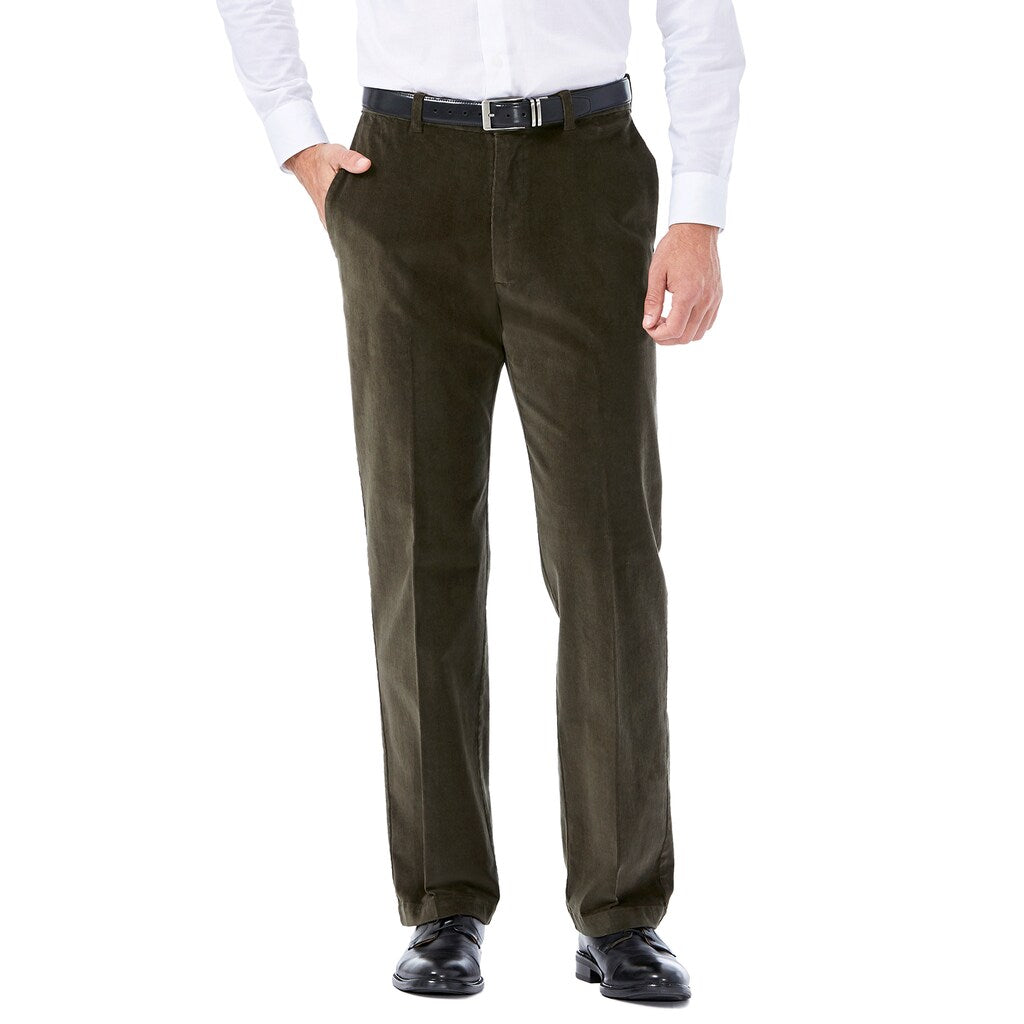 Haggar Mens Classic fit Casual Corduroy Pants 34 / 31 Green Solid Stretch