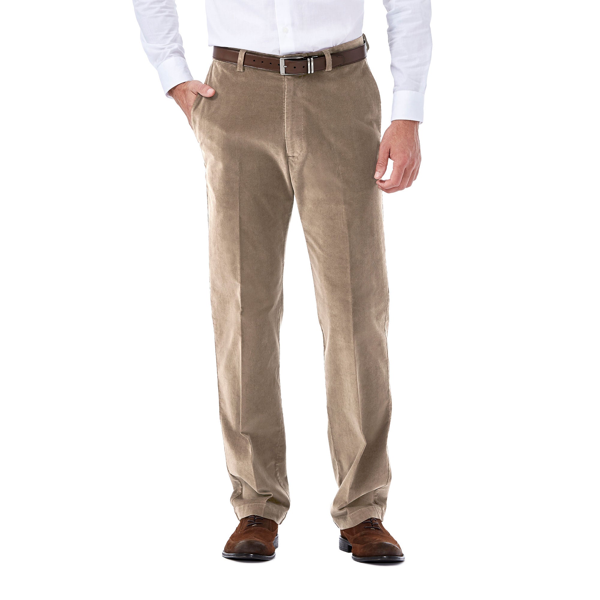 Haggar Mens Classic fit Dress Corduroy Pants 32 / 32 Beige Solid Stretch