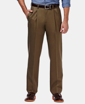 Haggar Mens Classic fit Casual Pleated Pants 36 / 29 Beige Solid Stretch