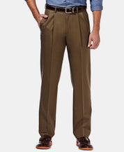 Haggar Men's Khaki Classic Fit Pleated Expandable Waist Pants Beige 32 X 30