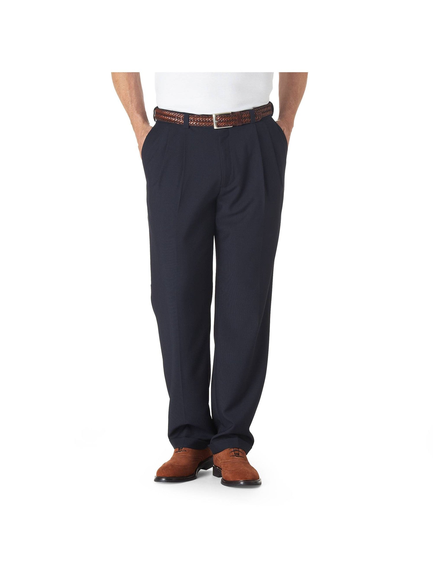 Haggar Men's Eclo Stria Classic Fit Pleated Dress Pants Navy 36 x 32