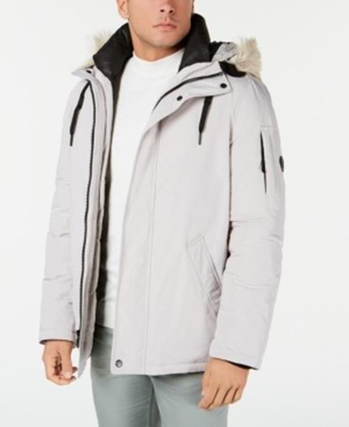 Calvin Klein Men's Snorkel Coat with Faux-Fur Trimmed Hood Large Frost White