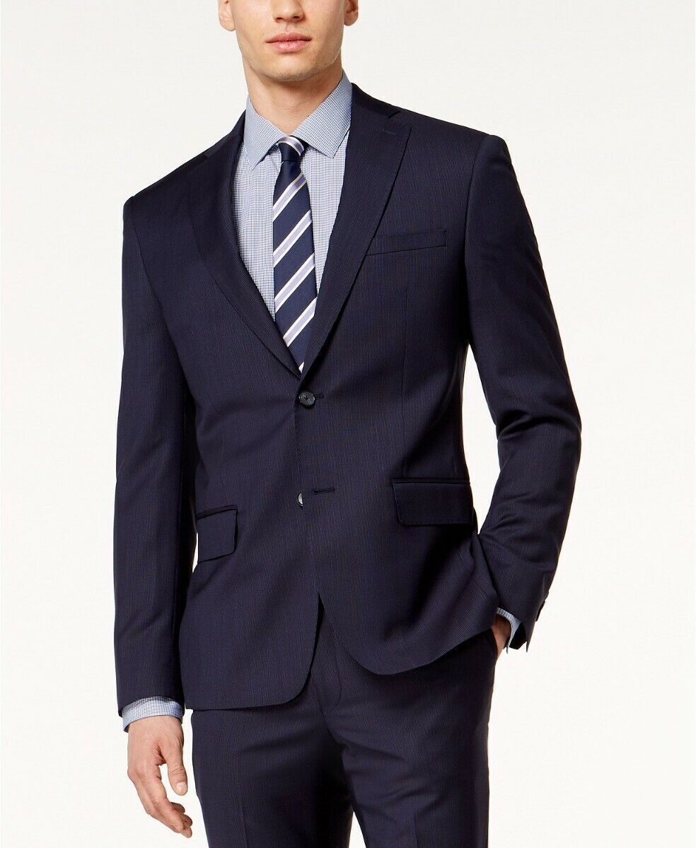 DKNY Mens Modern-Fit Stretch Textured Mini Striped Suit Jacket 36S Navy Blue