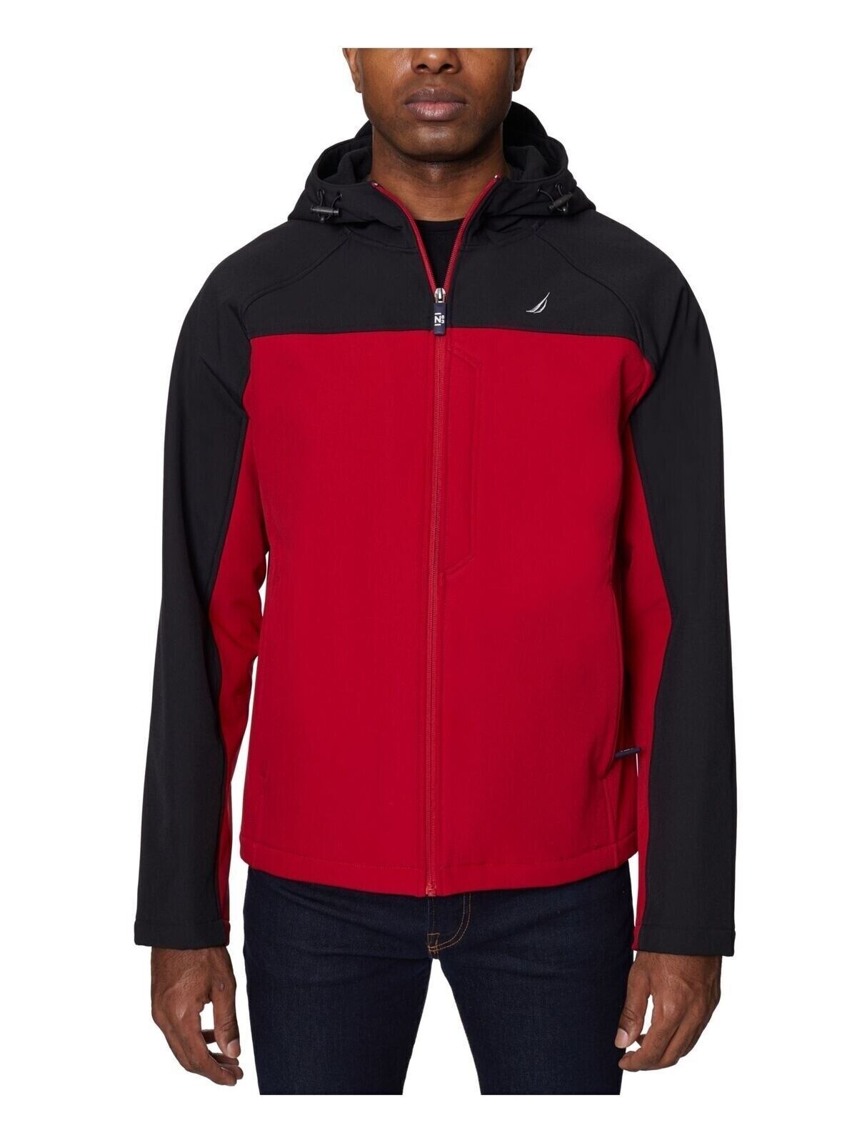 NAUTICA Men's Zip-Front Color Block Soft Shell Hoodie Jacket Small Black Red