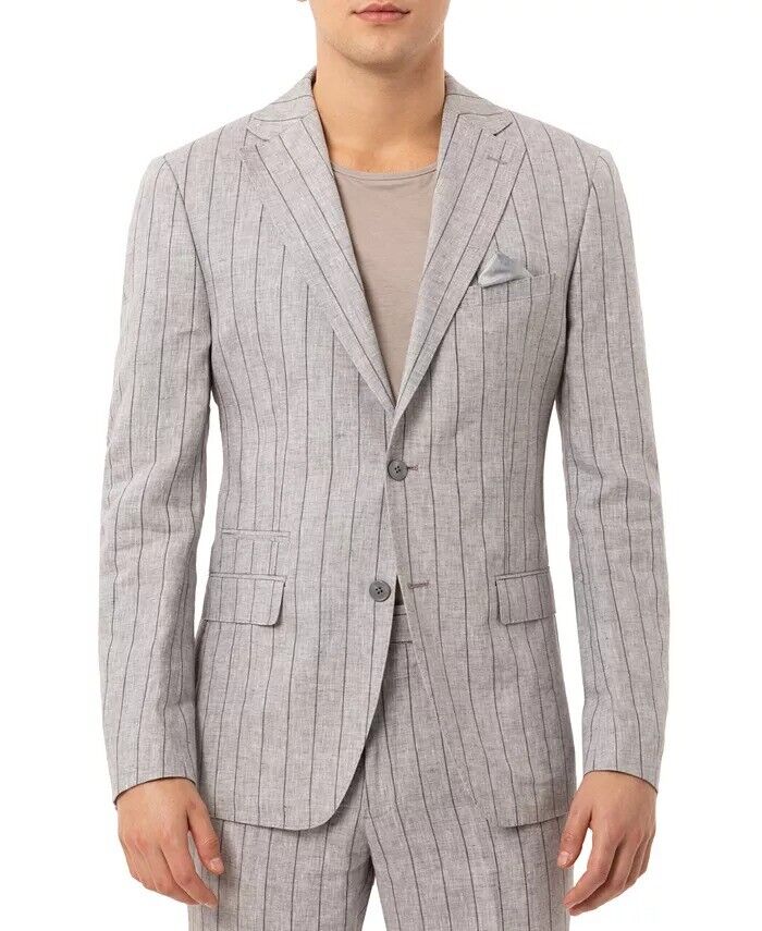 TALLIA Men's Slim-Fit Wide Stripe Light Gray Linen Suit Jacket 42S Sport Coat