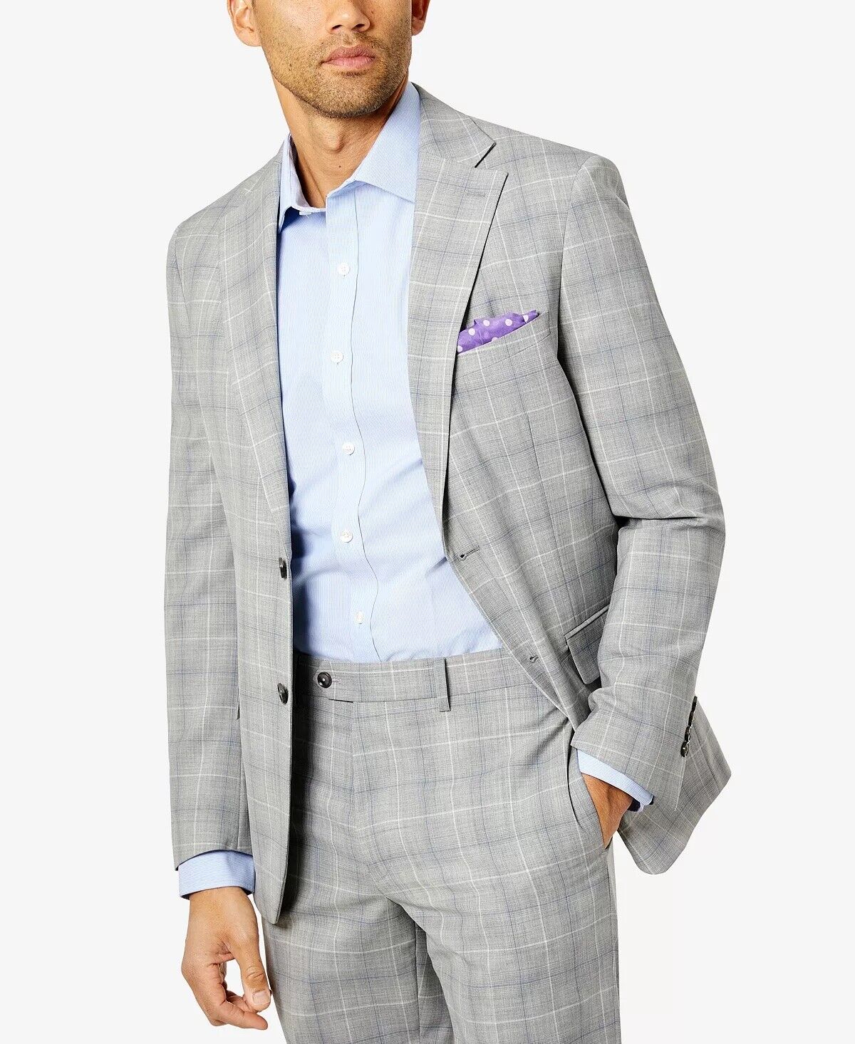 TALLIA Men's Slim-Fit Wool Suit Jacket Light Grey / Blue Plaid 42L