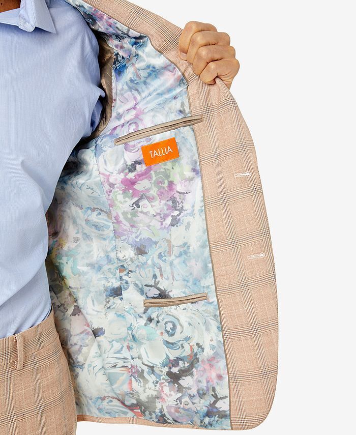 TALLIA Men's Slim-Fit Wool Suit Jacket 40L Tan Blue Plaid