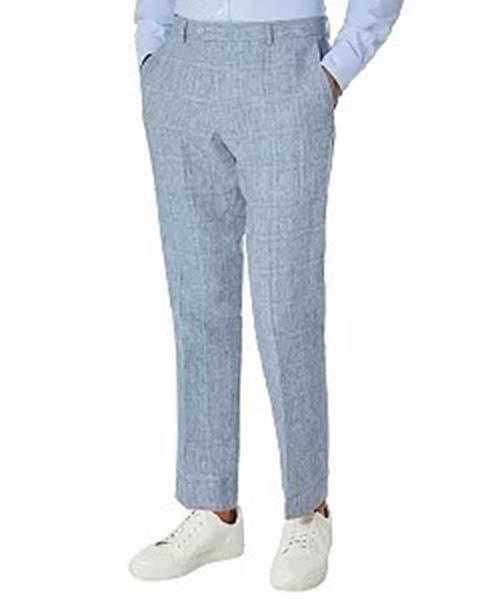 TOMMY HILFIGER Men's Linen Dress Pants Blue 38 x 32 Modern Flex Stretch Plaid