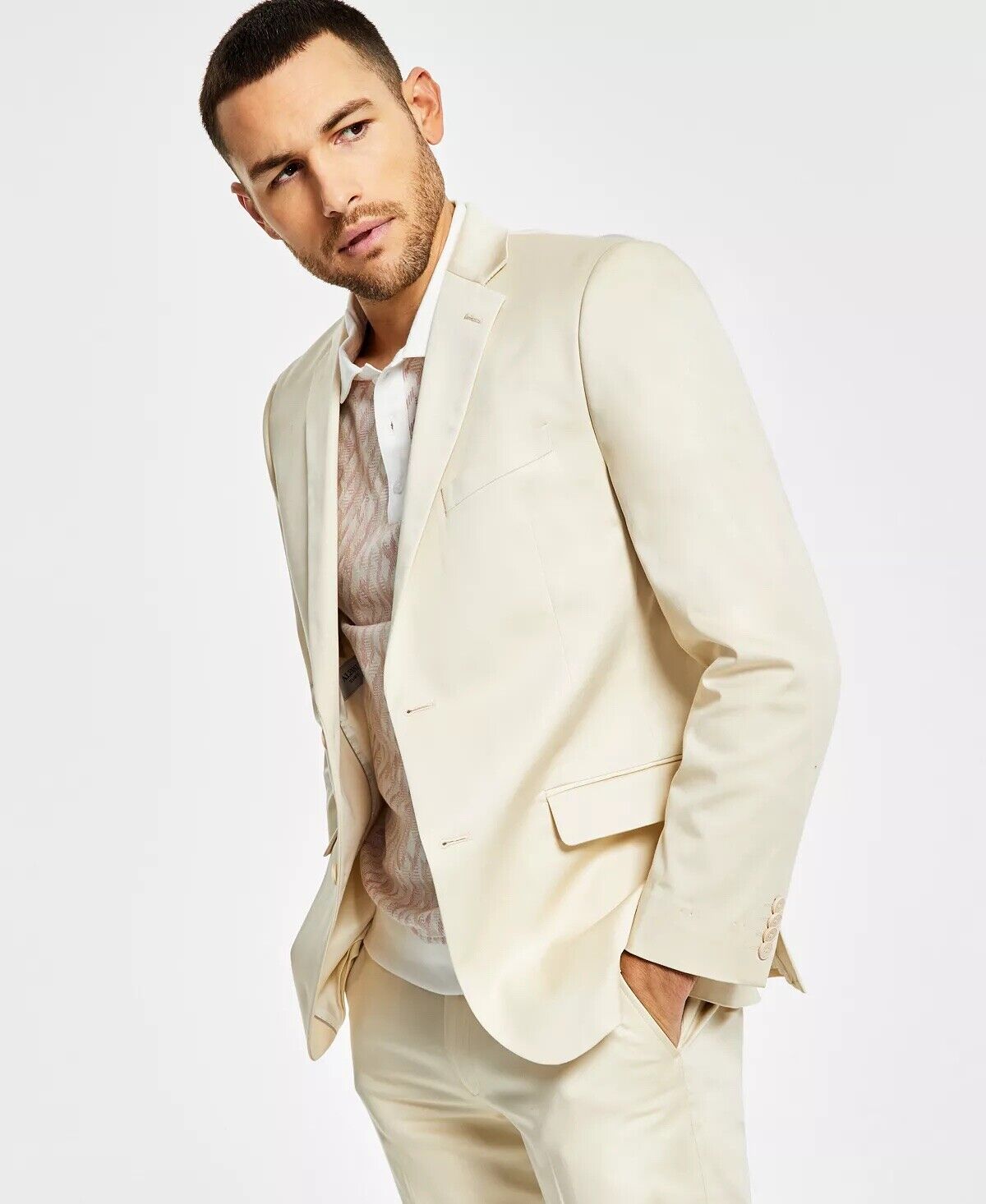 Alfani Men's Suit Jacket Cream 38L Slim-Fit Solid Cream Cotton