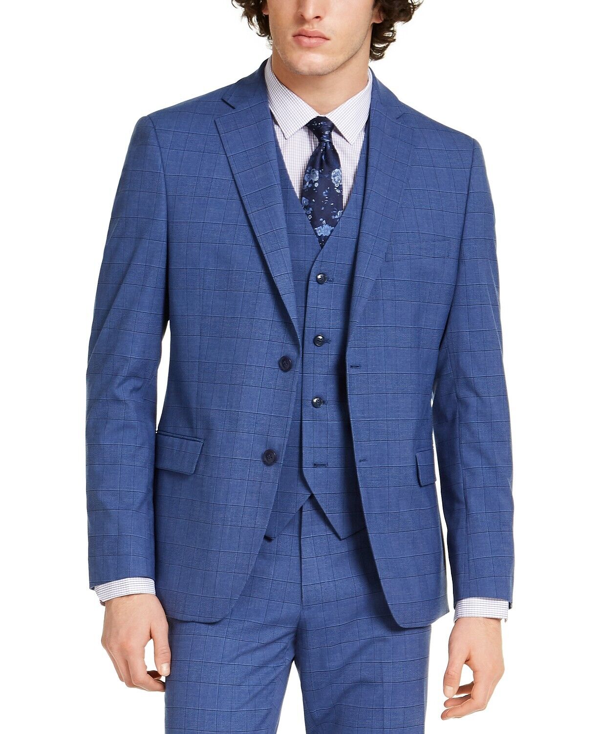 Alfani Men's Slim-Fit Stretch Mid Blue Plaid Suit Jacket 38S