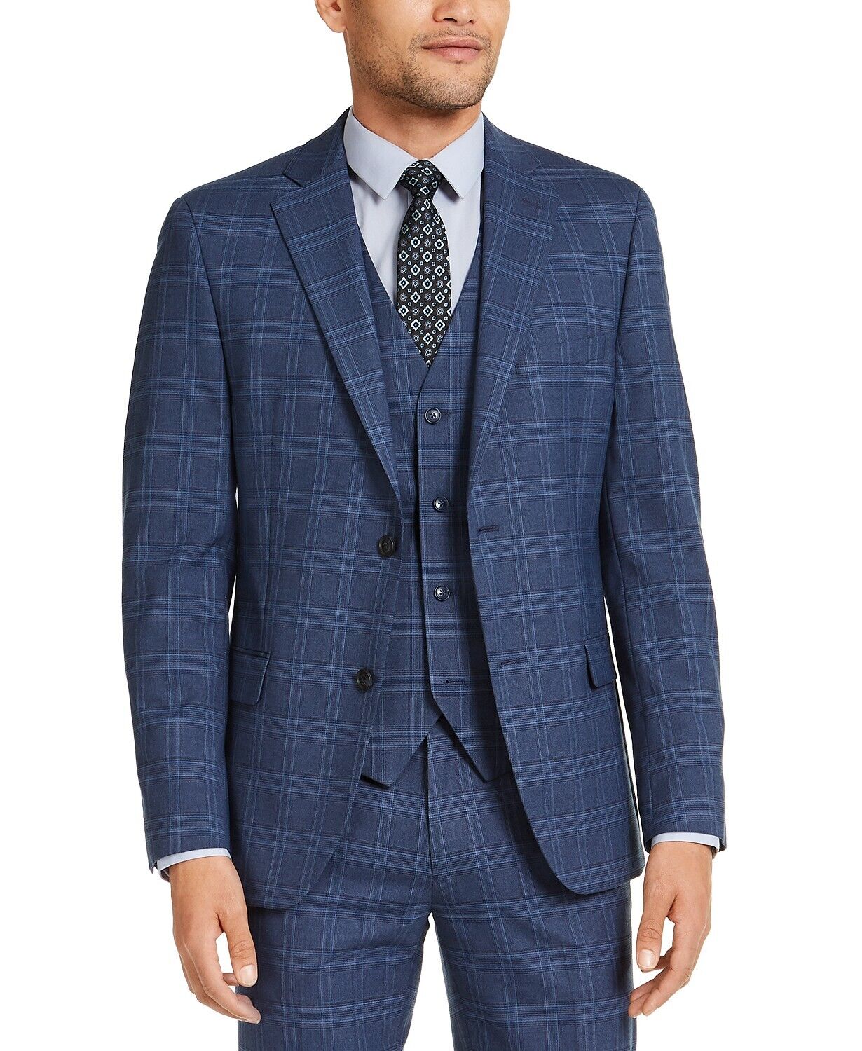 Alfani Men's Slim-Fit Stretch Navy Blue Plaid Suit Jacket 40L