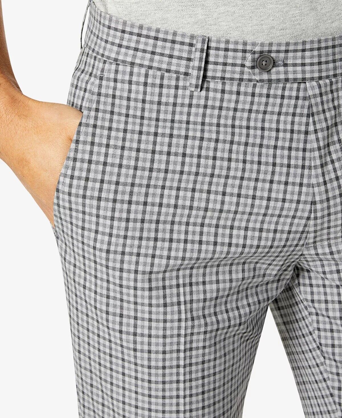 BAR III Men's Grey Check Slim-Fit Dress Pants Grey 28 x 30 Plaid