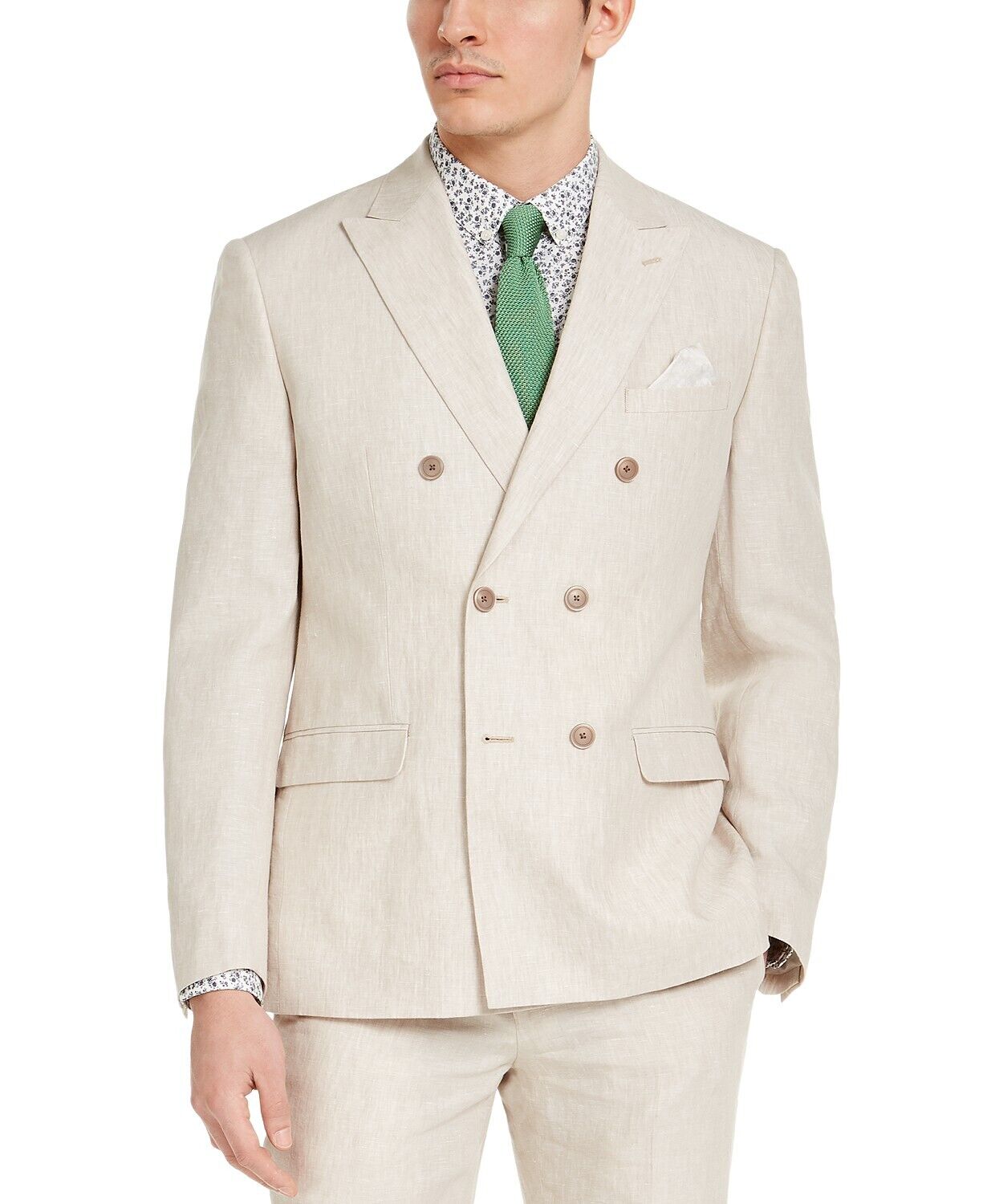 Bar III Men's Slim-Fit Tan Solid Double-Breasted Suit Jacket 44R Linen