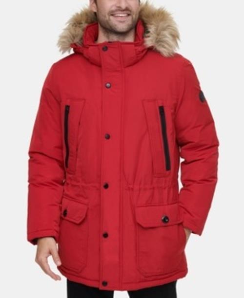 Calvin Klein Men's Snorkel Coat Medium Faux-Fur Trimmed Hood Red