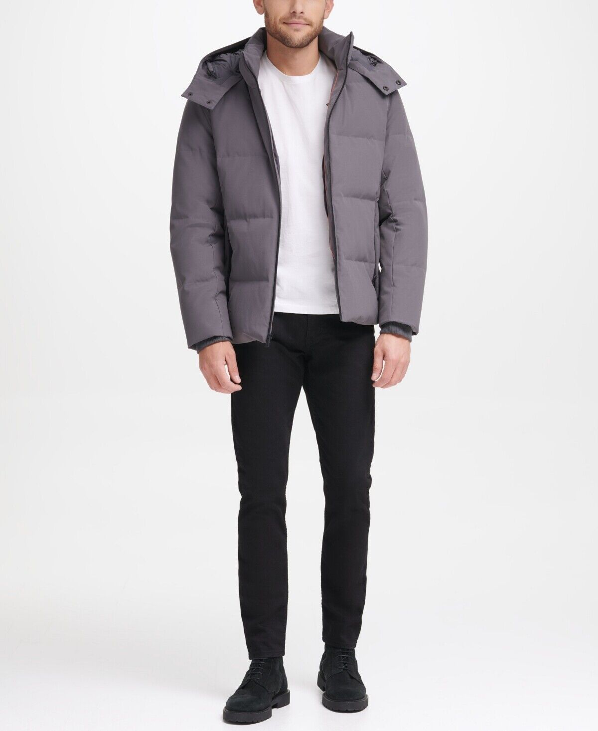 COLE HAAN Men's Dry Hand Down with Detachable Hood Coat Large Grey