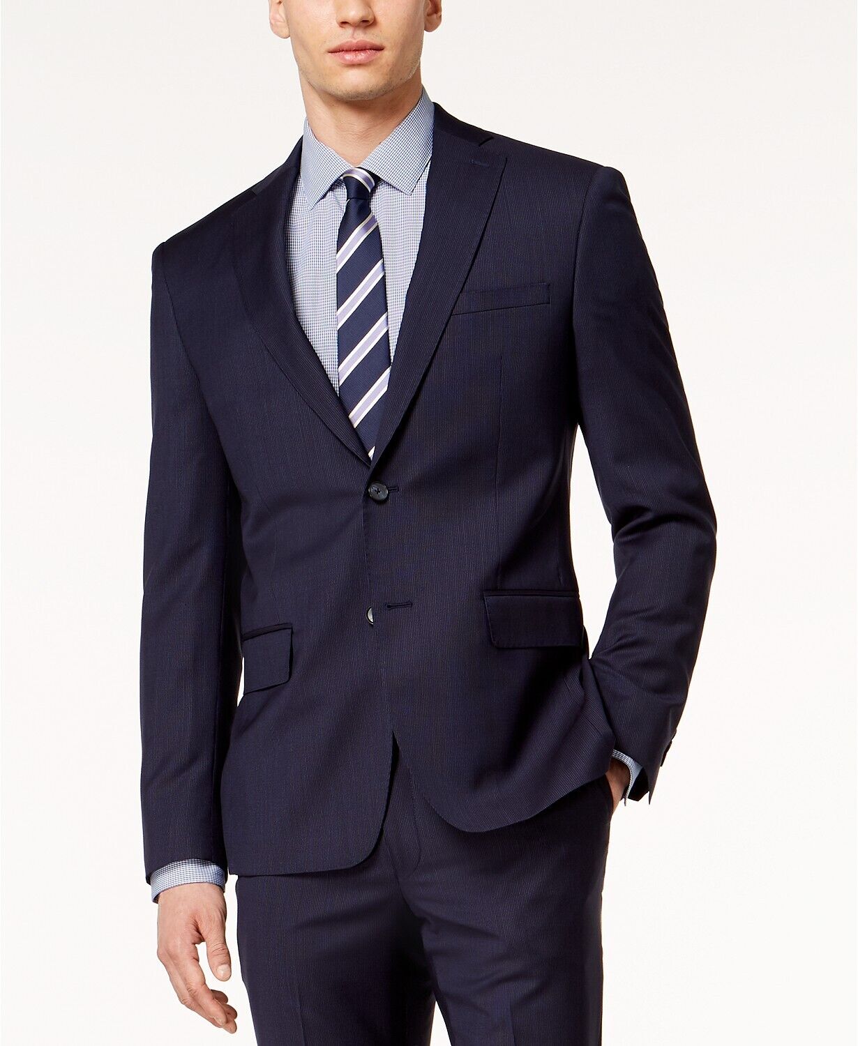 DKNY Men's Modern-Fit Stretch Thin Striped Suit Jacket 36R Navy Blue