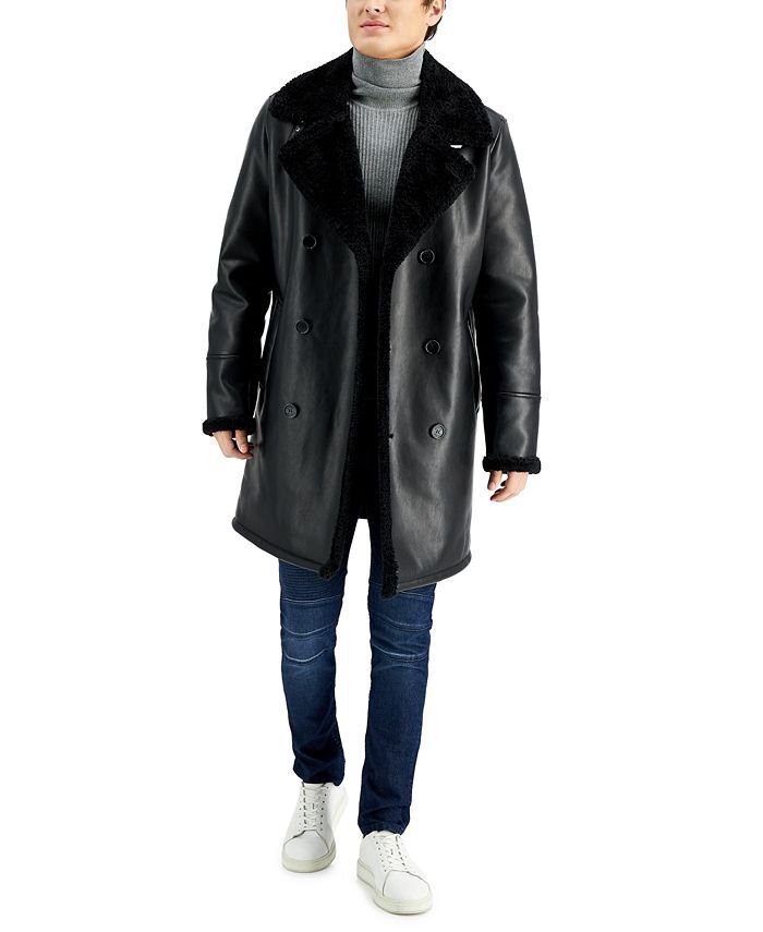 GUESS Mens Long Pleather Double Breasted Coat Small Black Faux Shearling Collar