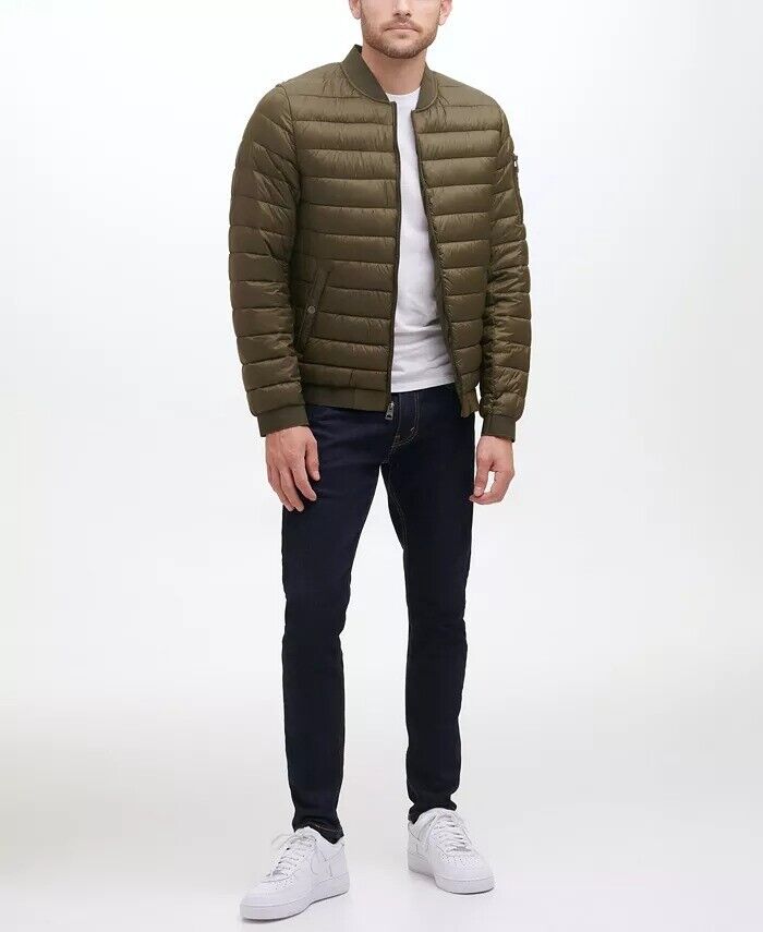 GUESS Men's Quilted Bomber Jacket Small Olive Green
